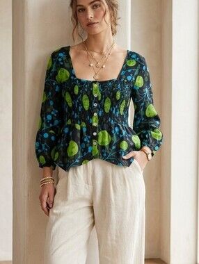 Nid d’abeilles Smocked Cotton Blouse Top Indie Psychedelic Print Size 4